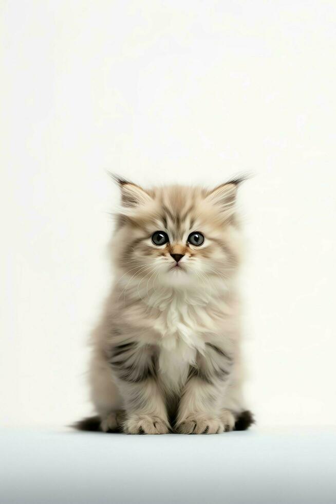 Cute small fluffy kitten with beautiful eyes is sitting or resting. British shorthair. Cat day concept by AI Generated photo