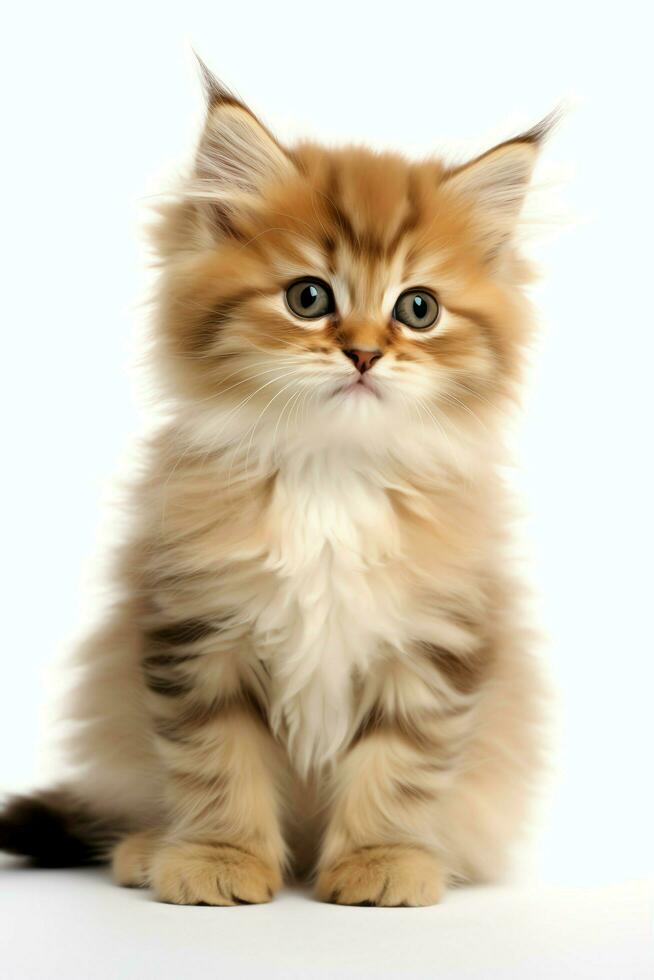 Cute small fluffy kitten with beautiful eyes is sitting or resting. British shorthair. Cat day concept by AI Generated photo
