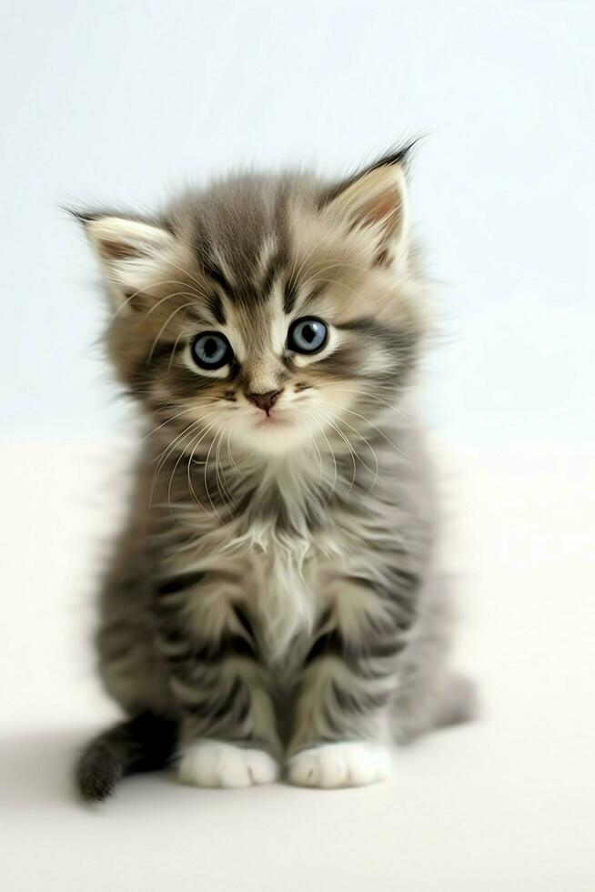 Cute small fluffy kitten with beautiful eyes is sitting or resting. British shorthair. Cat day concept by AI Generated photo
