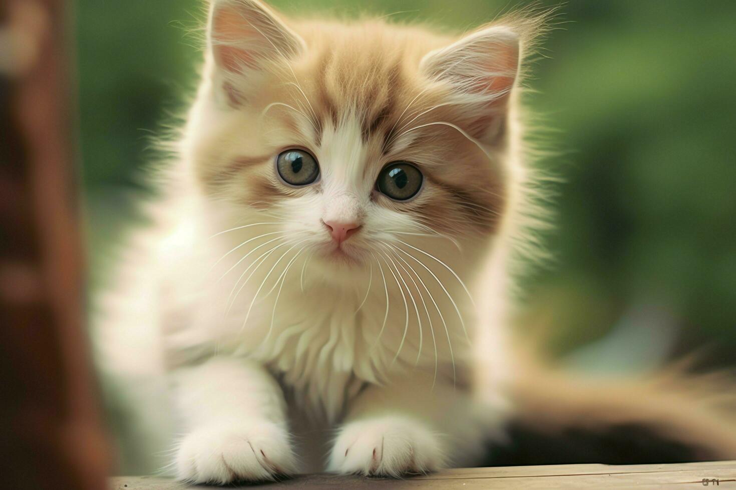 Cute small fluffy kitten with beautiful eyes is sitting or resting. British shorthair. Cat day concept by AI Generated photo