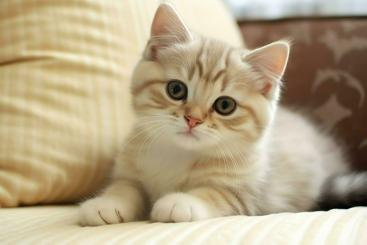 linda pequeño mullido gatito con hermosa ojos es sentado o descansando británico cabello corto. gato día concepto por ai generado foto