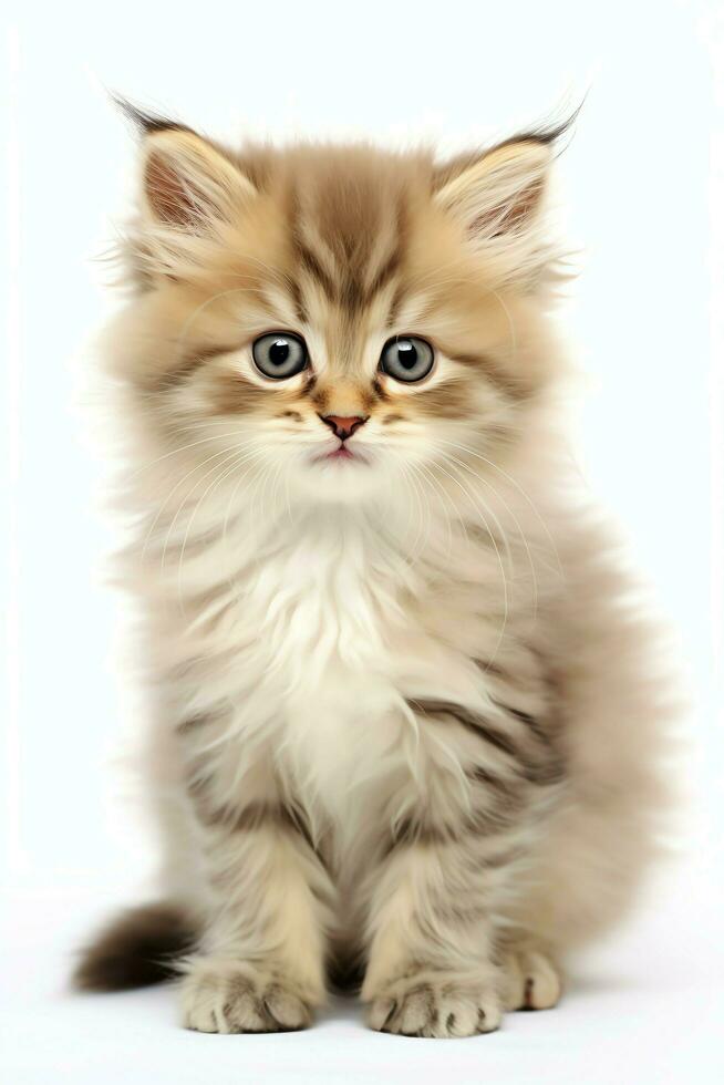 Cute small fluffy kitten with beautiful eyes is sitting or resting. British shorthair. Cat day concept by AI Generated photo
