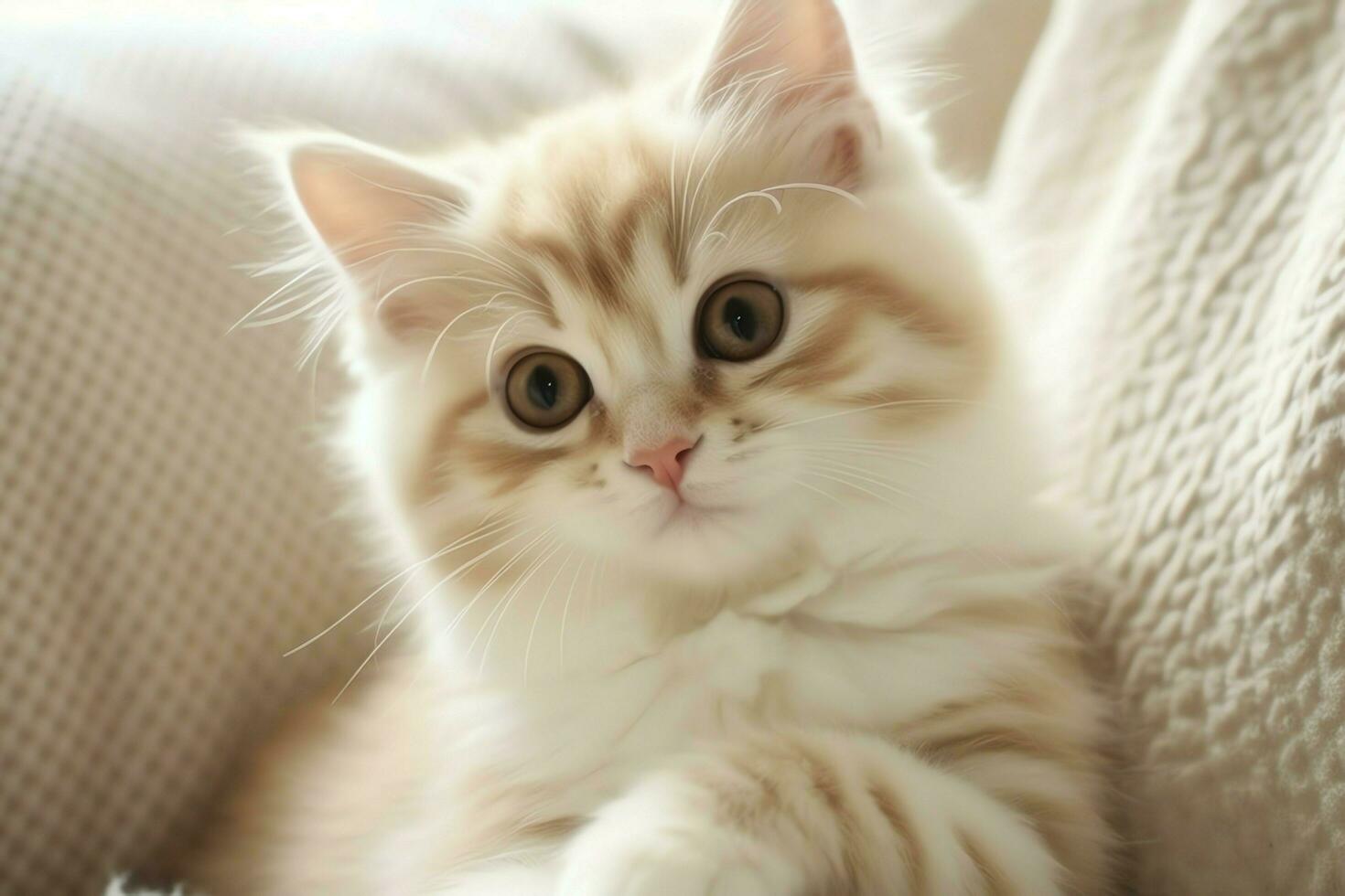 Cute small fluffy kitten with beautiful eyes is sitting or resting. British shorthair. Cat day concept by AI Generated photo