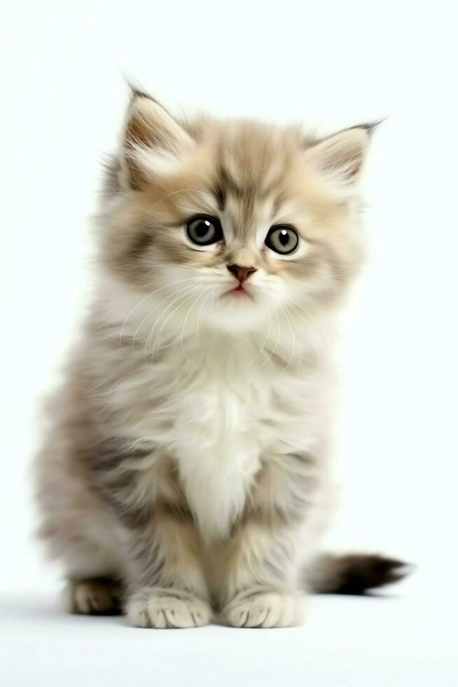 Cute small fluffy kitten with beautiful eyes is sitting or resting. British shorthair. Cat day concept by AI Generated photo