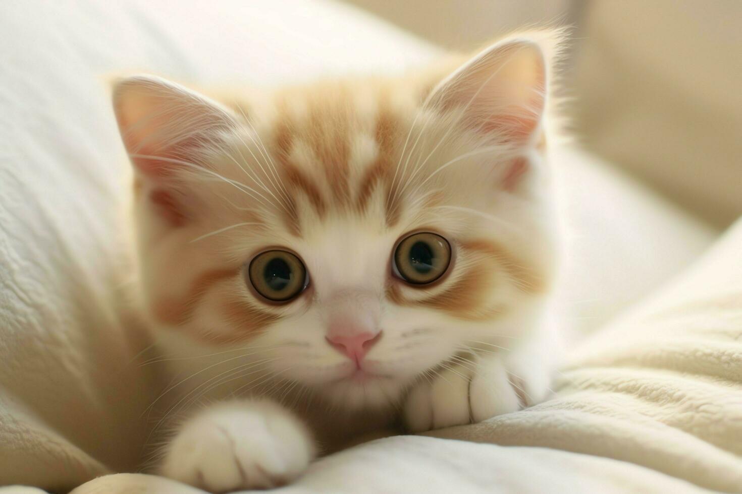 linda pequeño mullido gatito con hermosa ojos es sentado o descansando británico cabello corto. gato día concepto por ai generado foto