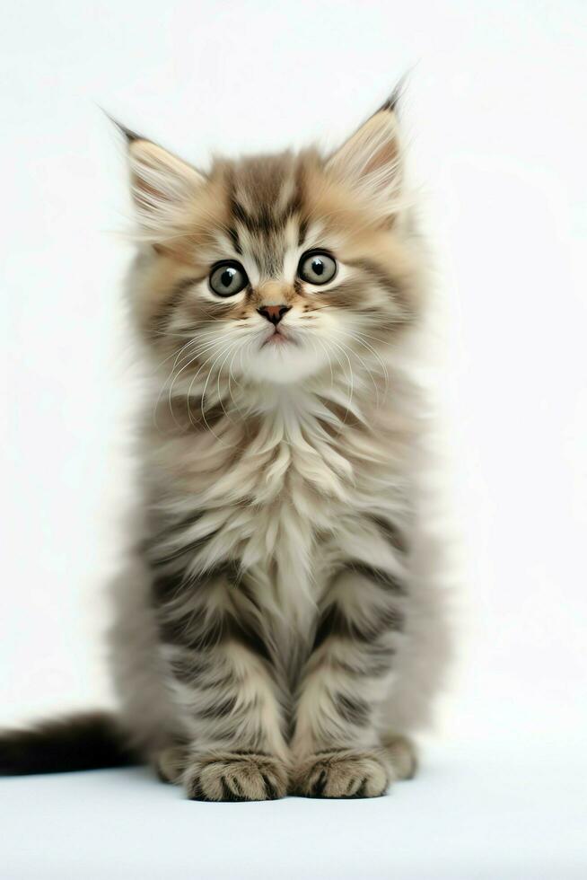 Cute small fluffy kitten with beautiful eyes is sitting or resting. British shorthair. Cat day concept by AI Generated photo