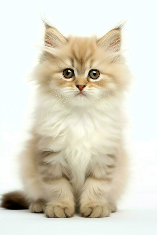 Cute small fluffy kitten with beautiful eyes is sitting or resting. British shorthair. Cat day concept by AI Generated photo