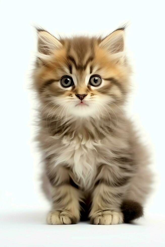 Cute small fluffy kitten with beautiful eyes is sitting or resting. British shorthair. Cat day concept by AI Generated photo