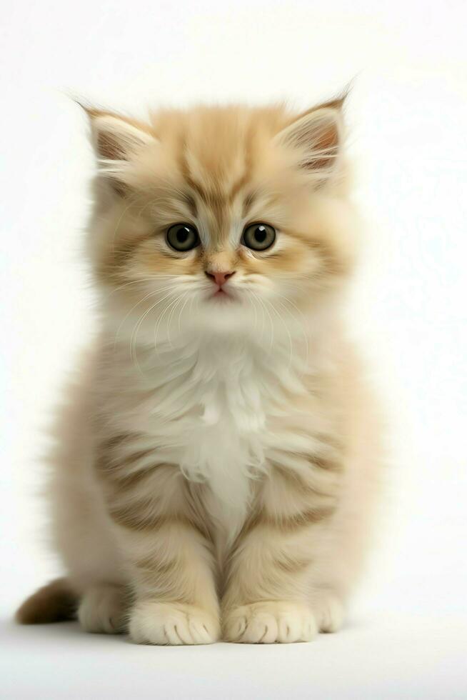 Cute small fluffy kitten with beautiful eyes is sitting or resting. British shorthair. Cat day concept by AI Generated photo