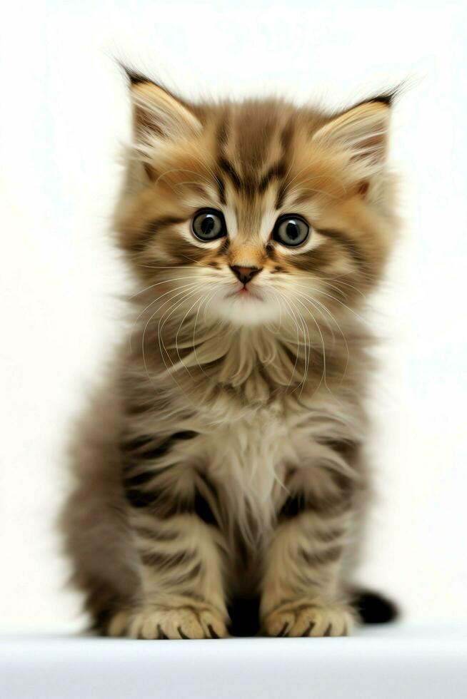 Cute small fluffy kitten with beautiful eyes is sitting or resting. British shorthair. Cat day concept by AI Generated photo