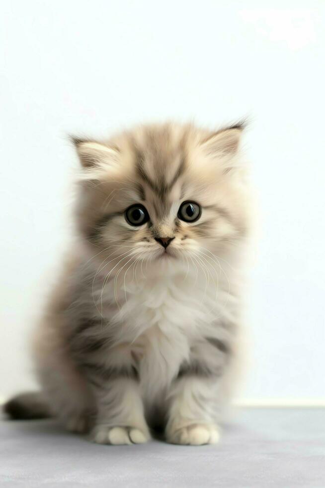 Cute small fluffy kitten with beautiful eyes is sitting or resting. British shorthair. Cat day concept by AI Generated photo