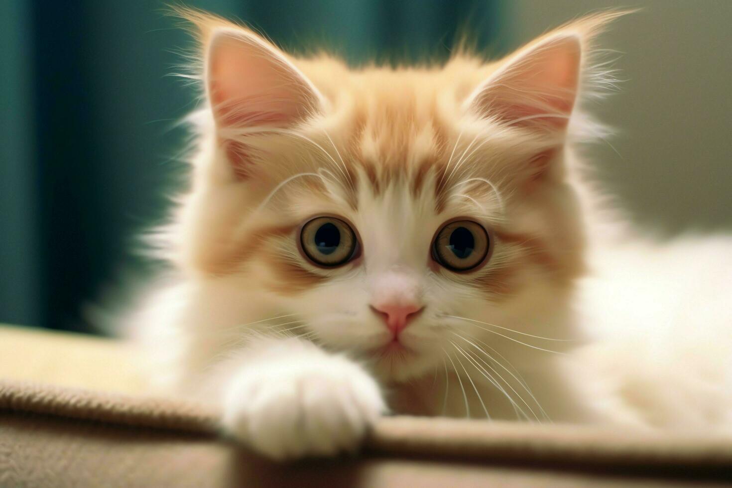 linda pequeño mullido gatito con hermosa ojos es sentado o descansando británico cabello corto. gato día concepto por ai generado foto