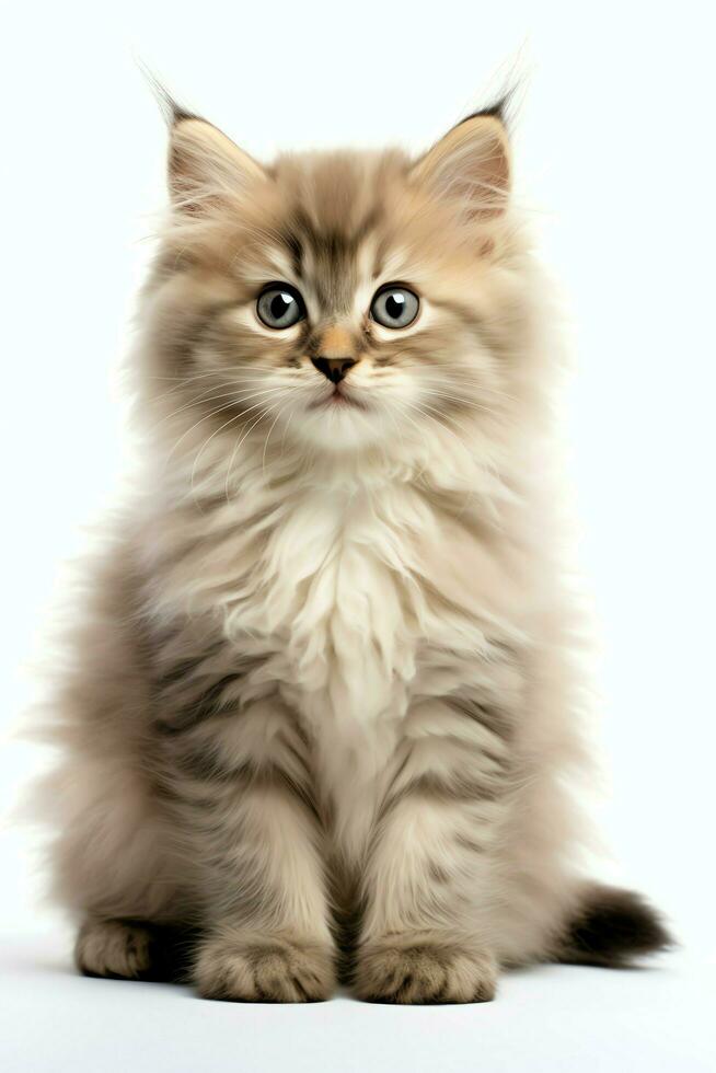 Cute small fluffy kitten with beautiful eyes is sitting or resting. British shorthair. Cat day concept by AI Generated photo