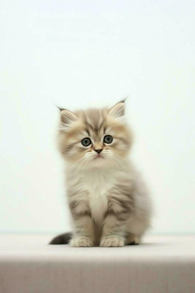 Cute small fluffy kitten with beautiful eyes is sitting or resting. British shorthair. Cat day concept by AI Generated photo