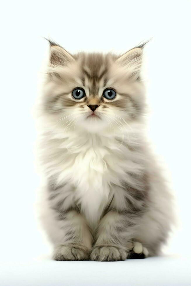 Cute small fluffy kitten with beautiful eyes is sitting or resting. British shorthair. Cat day concept by AI Generated photo