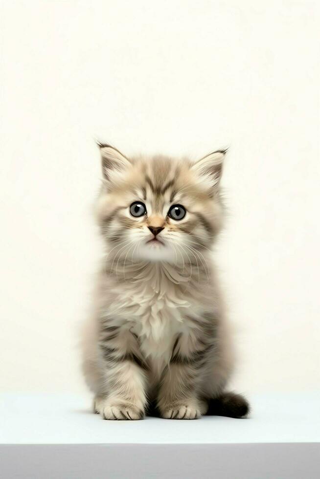 Cute small fluffy kitten with beautiful eyes is sitting or resting. British shorthair. Cat day concept by AI Generated photo
