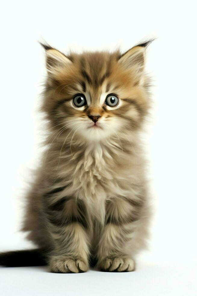 Cute small fluffy kitten with beautiful eyes is sitting or resting. British shorthair. Cat day concept by AI Generated photo