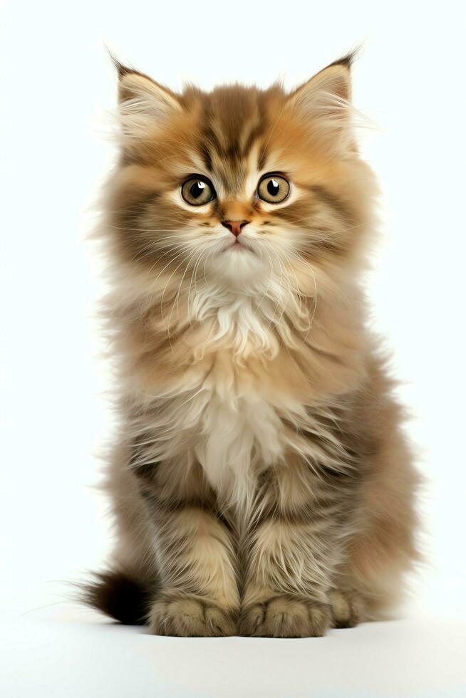Cute small fluffy kitten with beautiful eyes is sitting or resting. British shorthair. Cat day concept by AI Generated photo