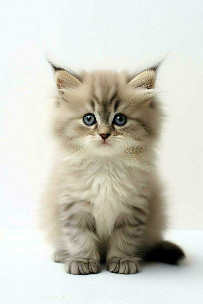 Cute small fluffy kitten with beautiful eyes is sitting or resting. British shorthair. Cat day concept by AI Generated photo