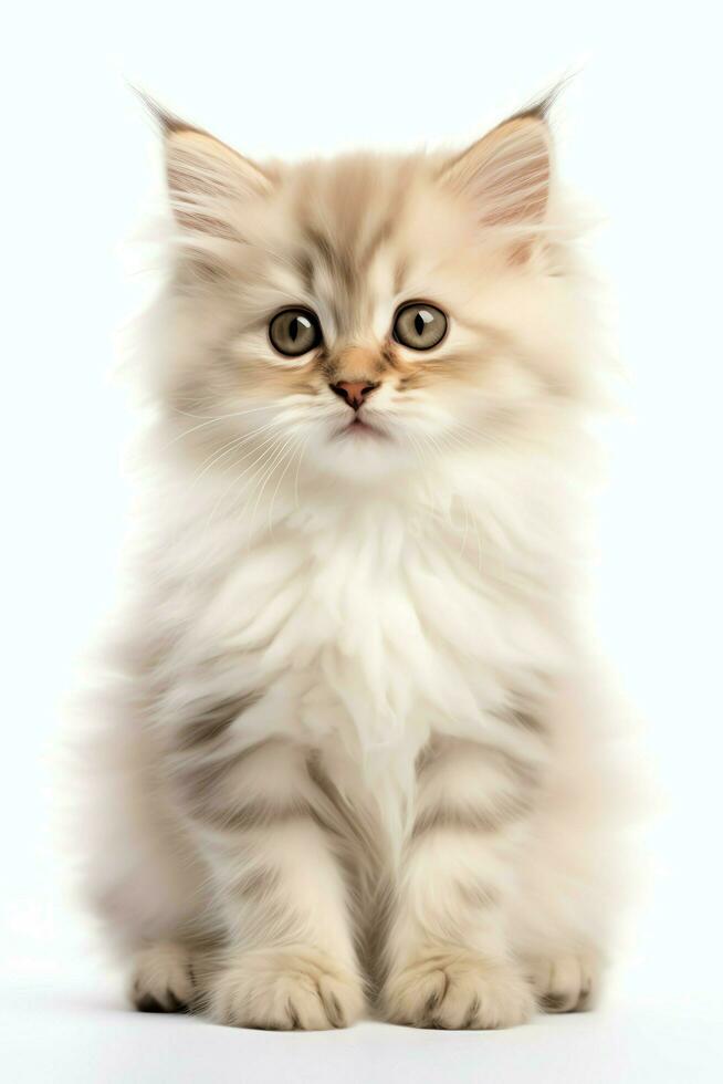 Cute small fluffy kitten with beautiful eyes is sitting or resting. British shorthair. Cat day concept by AI Generated photo