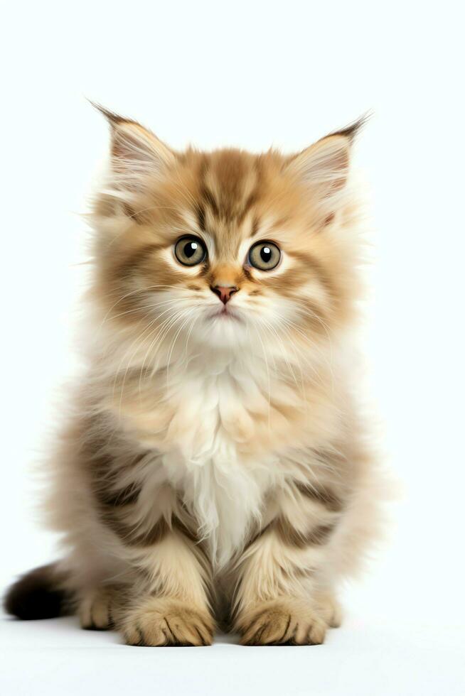 Cute small fluffy kitten with beautiful eyes is sitting or resting. British shorthair. Cat day concept by AI Generated photo