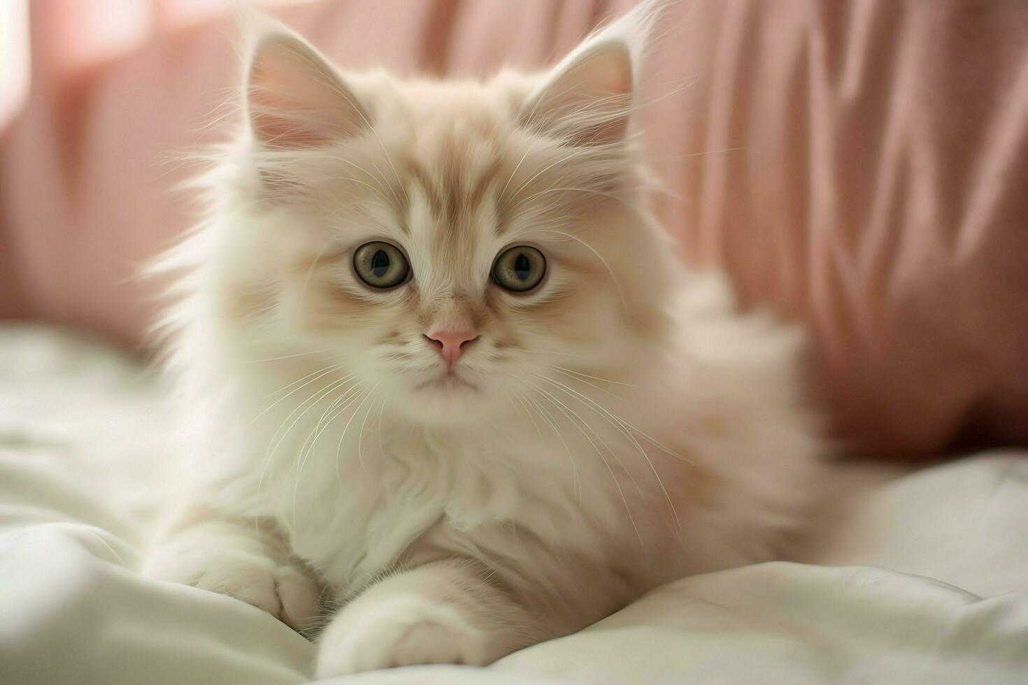 Cute small fluffy kitten with beautiful eyes is sitting or resting. British shorthair. Cat day concept by AI Generated photo