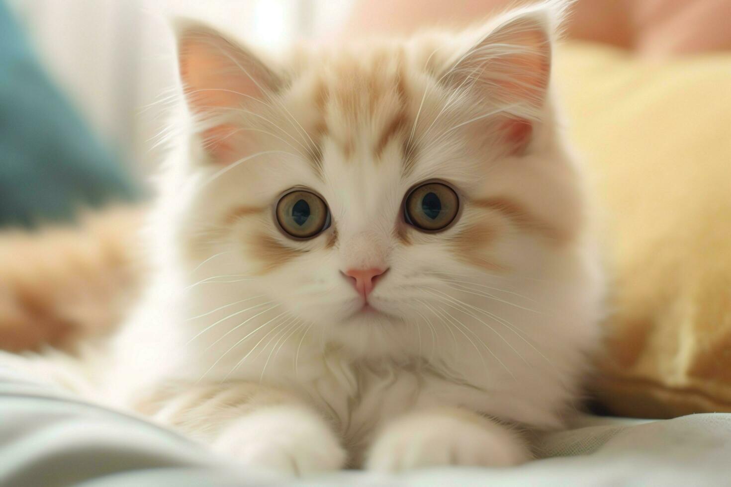 Cute small fluffy kitten with beautiful eyes is sitting or resting. British shorthair. Cat day concept by AI Generated photo