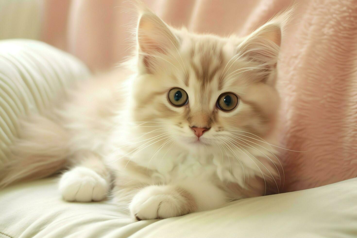 Cute small fluffy kitten with beautiful eyes is sitting or resting. British shorthair. Cat day concept by AI Generated photo