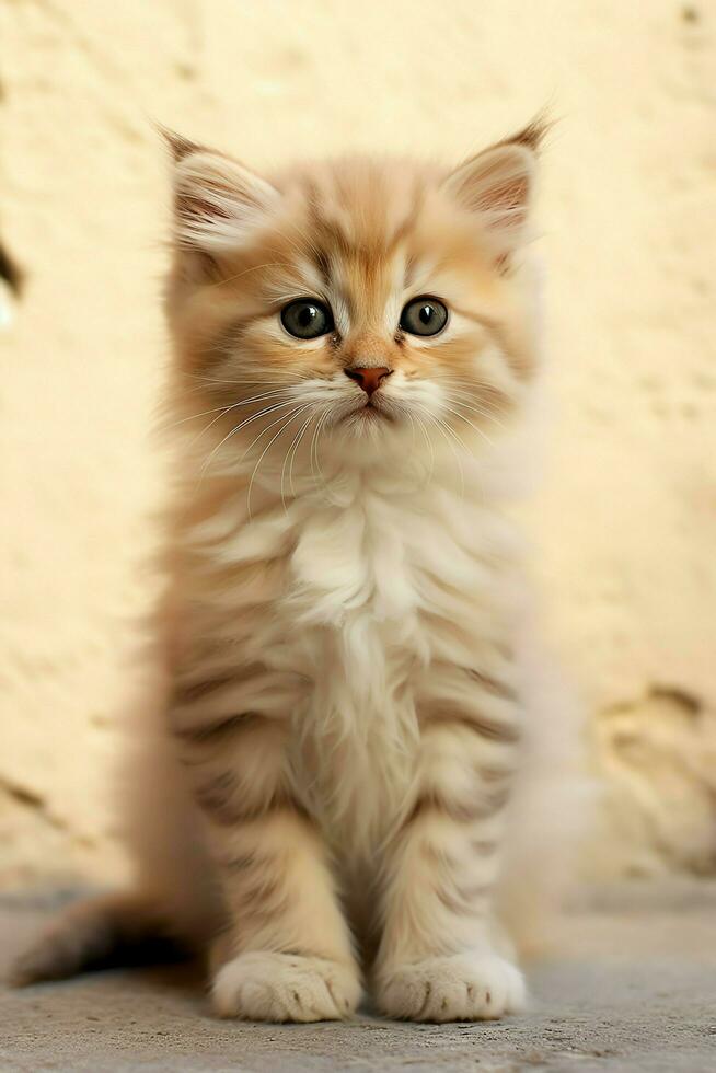 Cute small fluffy kitten with beautiful eyes is sitting or resting. British shorthair. Cat day concept by AI Generated photo
