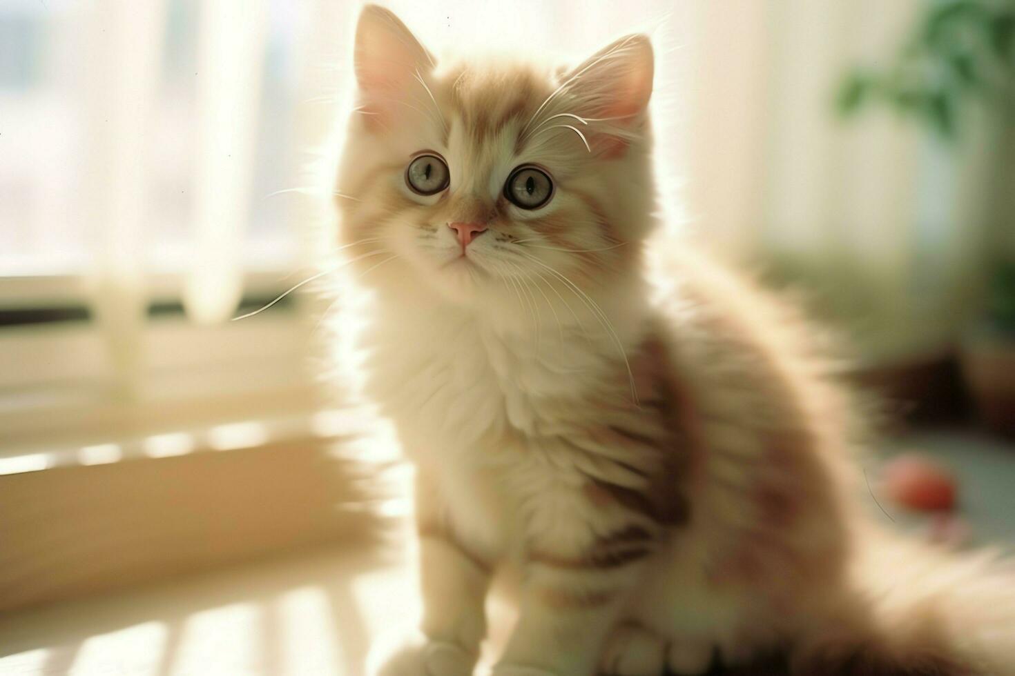 linda pequeño mullido gatito con hermosa ojos es sentado o descansando británico cabello corto. gato día concepto por ai generado foto