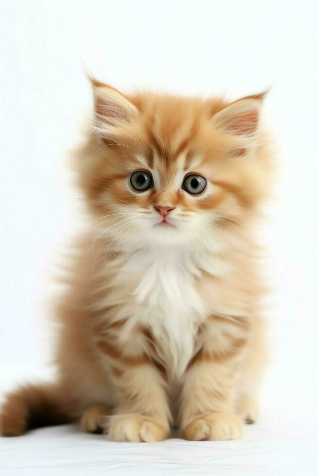 Cute small fluffy kitten with beautiful eyes is sitting or resting. British shorthair. Cat day concept by AI Generated photo