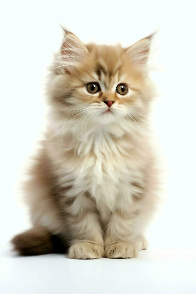 Cute small fluffy kitten with beautiful eyes is sitting or resting. British shorthair. Cat day concept by AI Generated photo