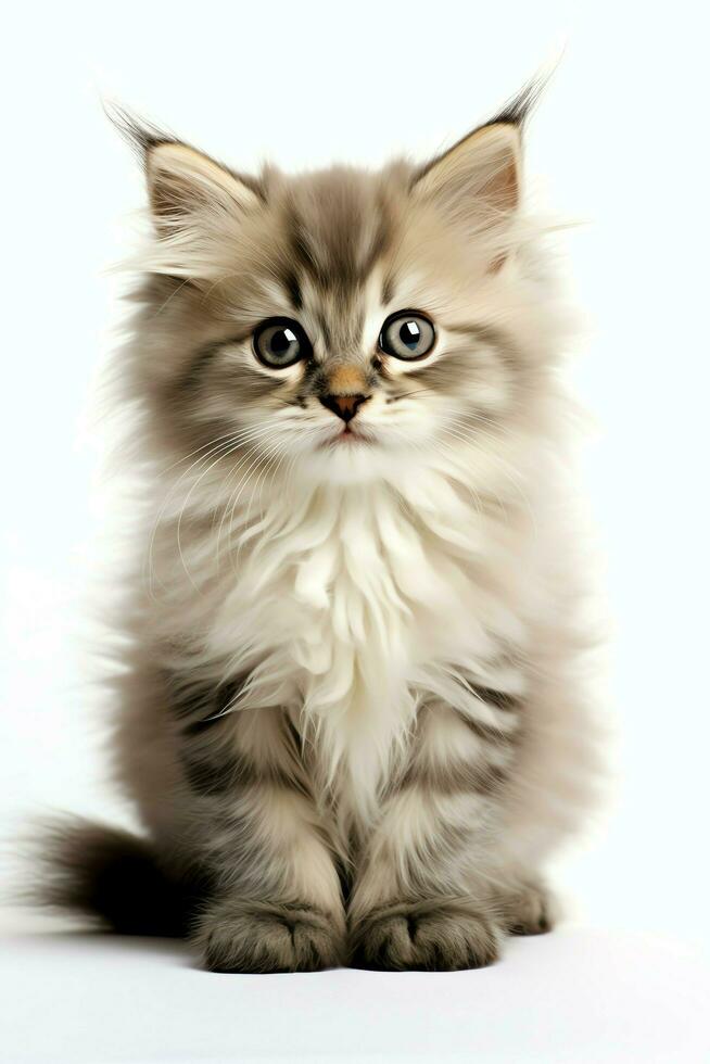 Cute small fluffy kitten with beautiful eyes is sitting or resting. British shorthair. Cat day concept by AI Generated photo