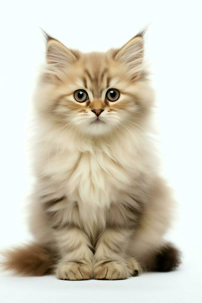 Cute small fluffy kitten with beautiful eyes is sitting or resting. British shorthair. Cat day concept by AI Generated photo