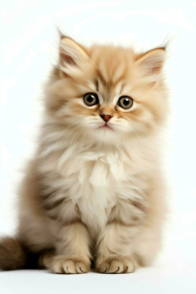 Cute small fluffy kitten with beautiful eyes is sitting or resting. British shorthair. Cat day concept by AI Generated photo