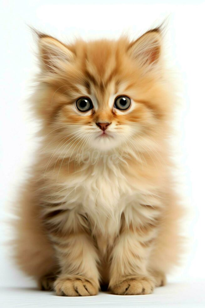 Cute small fluffy kitten with beautiful eyes is sitting or resting. British shorthair. Cat day concept by AI Generated photo