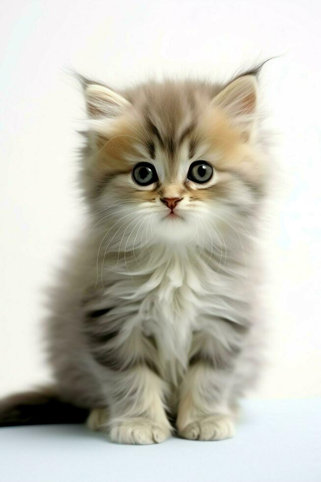 Cute small fluffy kitten with beautiful eyes is sitting or resting. British shorthair. Cat day concept by AI Generated photo