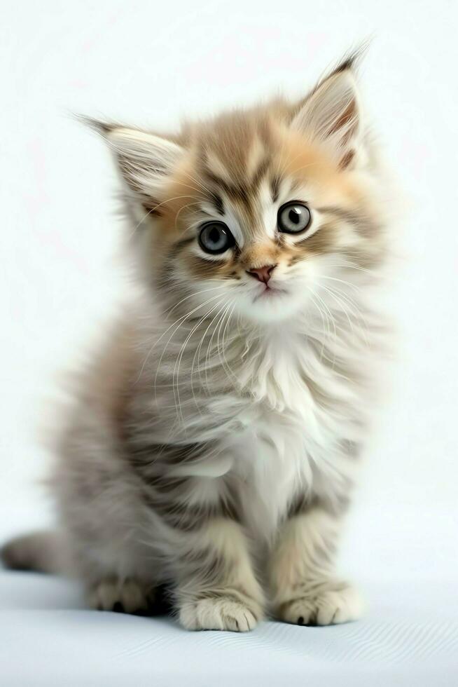 Cute small fluffy kitten with beautiful eyes is sitting or resting. British shorthair. Cat day concept by AI Generated photo