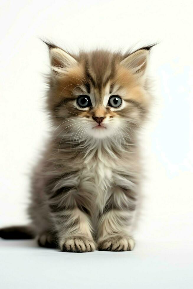 linda pequeño mullido gatito con hermosa ojos es sentado o descansando británico cabello corto. gato día concepto por ai generado foto