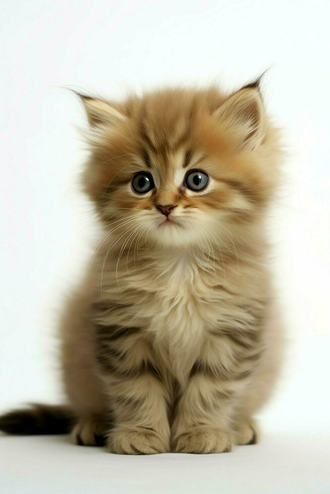 Cute small fluffy kitten with beautiful eyes is sitting or resting. British shorthair. Cat day concept by AI Generated photo