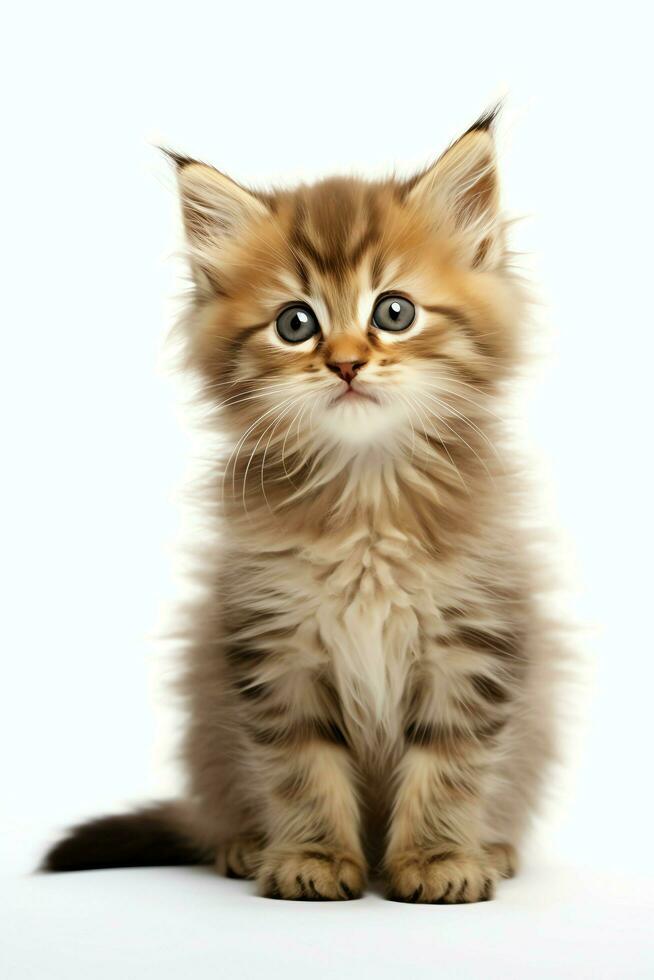 Cute small fluffy kitten with beautiful eyes is sitting or resting. British shorthair. Cat day concept by AI Generated photo