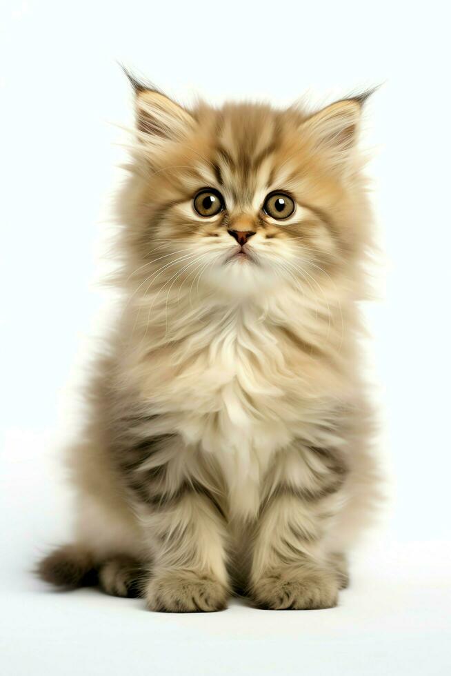Cute small fluffy kitten with beautiful eyes is sitting or resting. British shorthair. Cat day concept by AI Generated photo