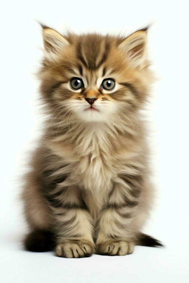 Cute small fluffy kitten with beautiful eyes is sitting or resting. British shorthair. Cat day concept by AI Generated photo