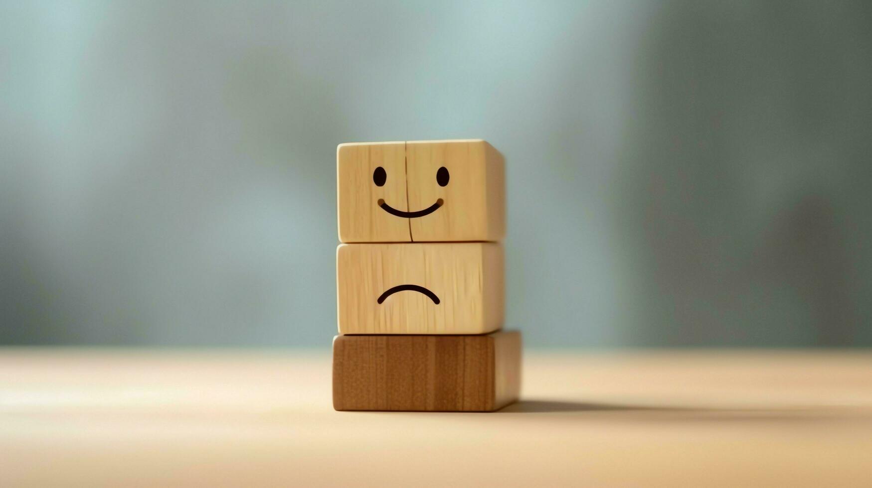 A wooden block label with happy smile relax face good feedback customer. World mental health day concept by AI Generated photo