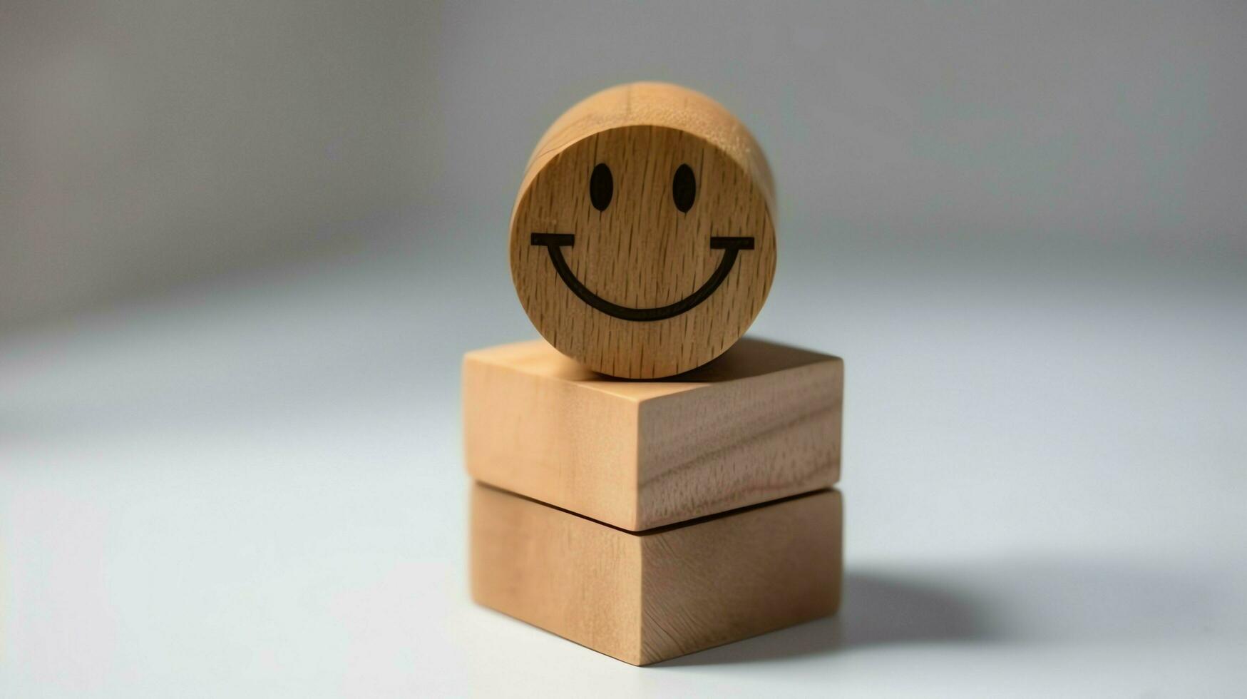 A wooden block label with happy smile relax face good feedback customer. World mental health day concept by AI Generated photo