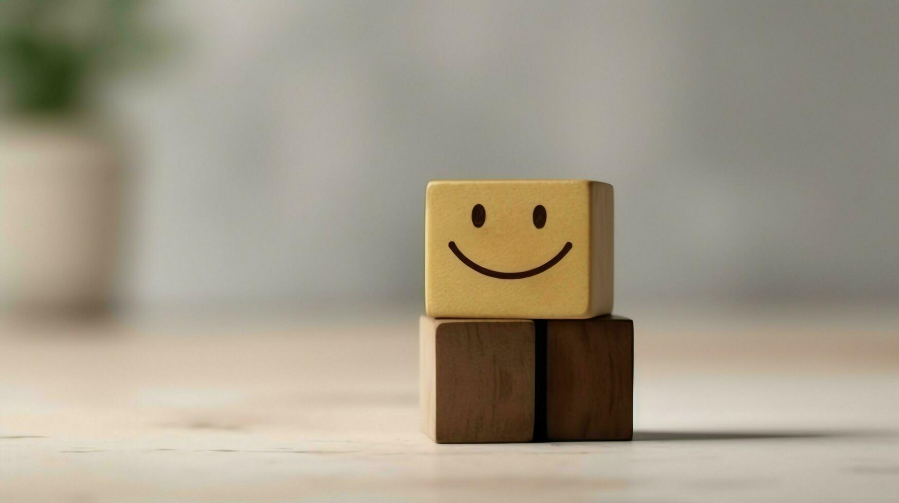 A wooden block label with happy smile relax face good feedback customer. World mental health day concept by AI Generated photo