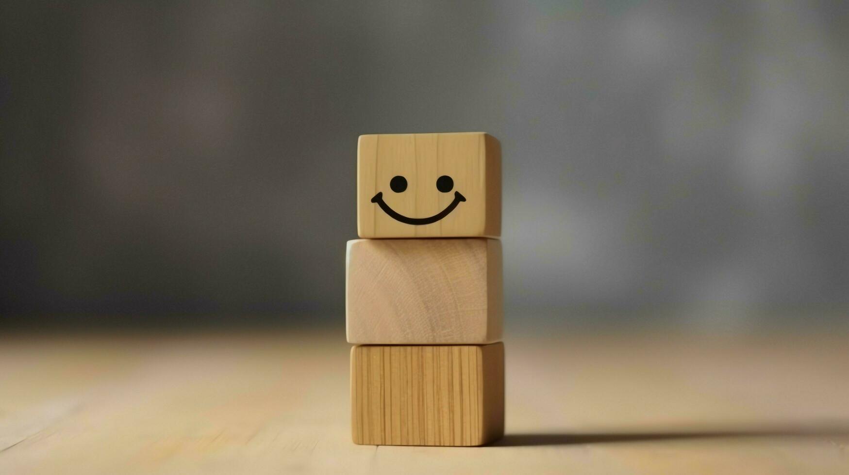 A wooden block label with happy smile relax face good feedback customer. World mental health day concept by AI Generated photo