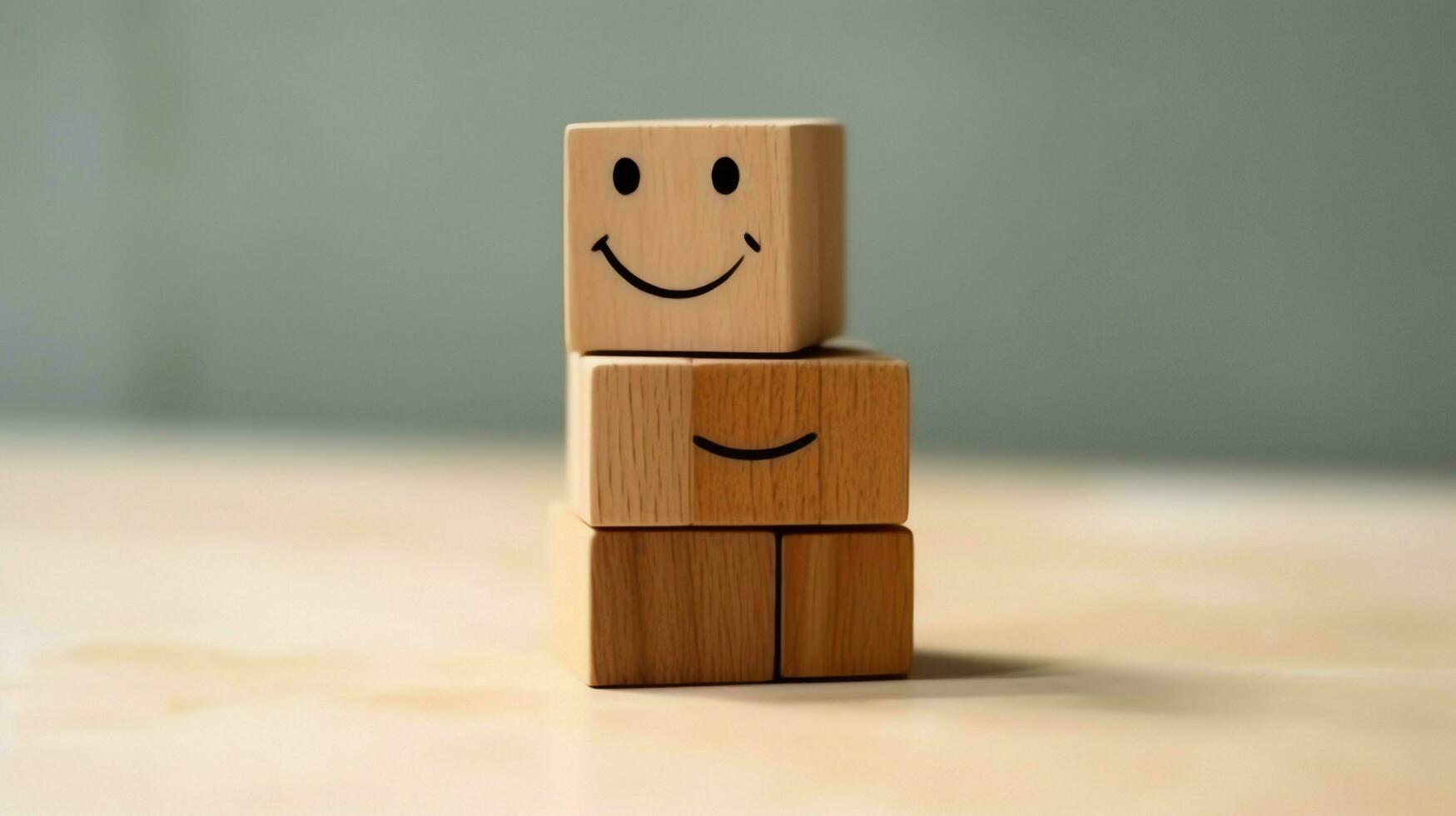 A wooden block label with happy smile relax face good feedback customer. World mental health day concept by AI Generated photo