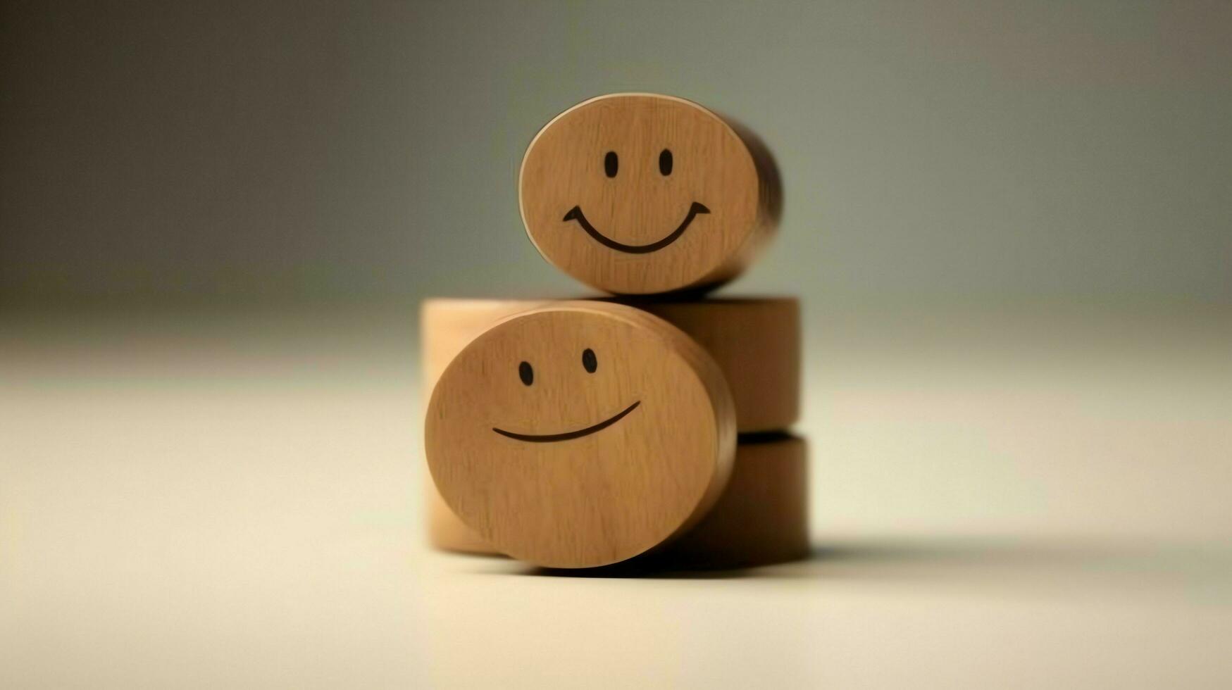 A wooden block label with happy smile relax face good feedback customer. World mental health day concept by AI Generated photo