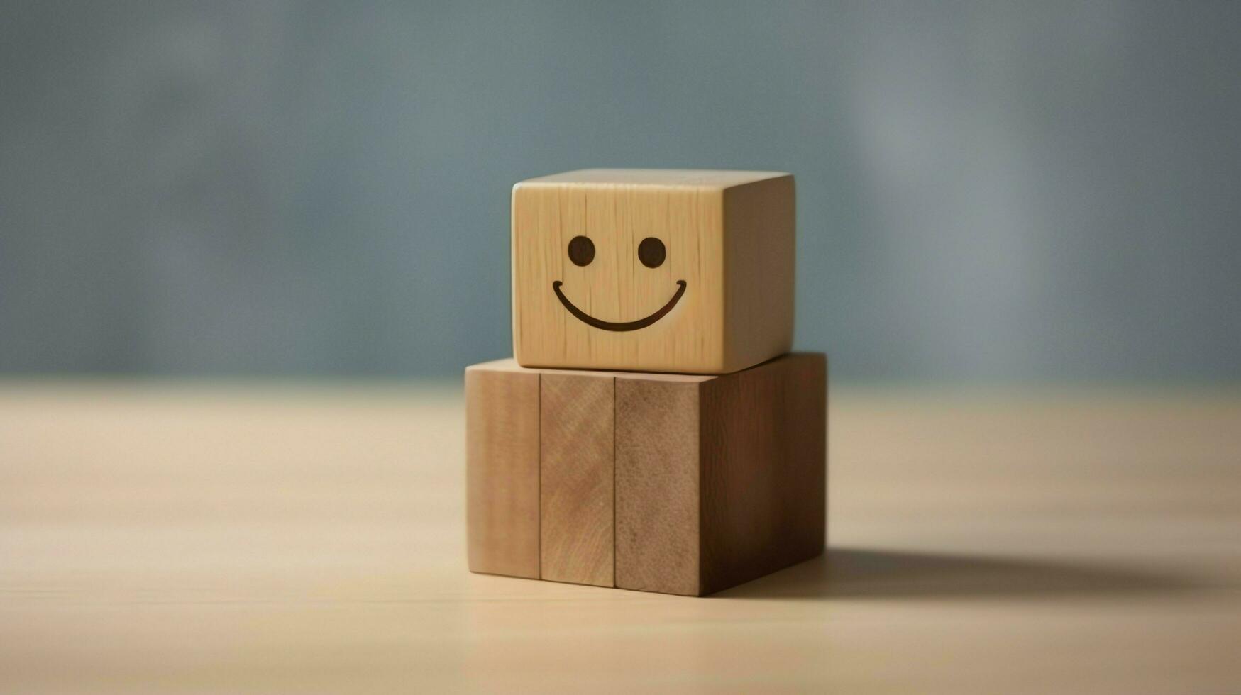 A wooden block label with happy smile relax face good feedback customer. World mental health day concept by AI Generated photo